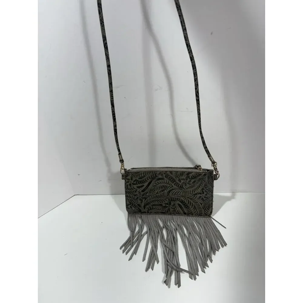 Free People Fringe Boho Western CrossBody Embossed Leather Purse Bag Gray/black